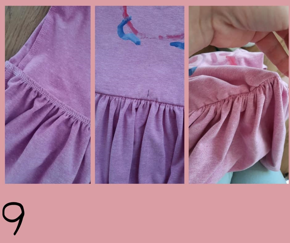 •po sešití vytáhnu řasící nit ze sukně, jde to snadno. Stejně tak vyndám sesazovací značky. •začistím průkrčník. ve videu na životriko je přesný návod, jak proužek do průkrčníku našít