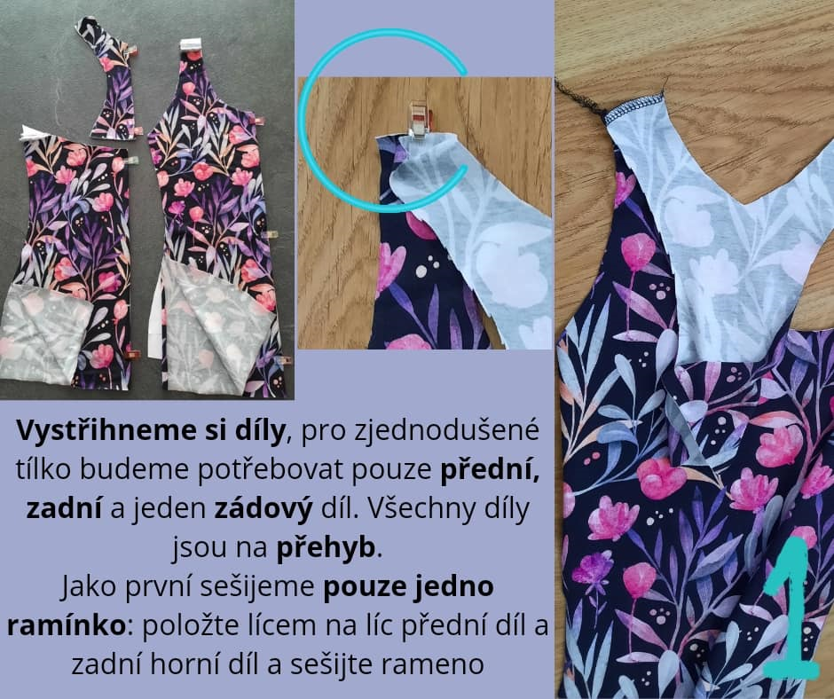 Vystřihneme si díly, pro zjednodušené tílko budeme potřebovat pouze přední, zadní a jeden zádový díl. Všechny díly jsou na přehyb. Jako první sešijeme pouze jedno ramínko: položte lícem na líc přední díl a zadní horní díl a sešijte rameno.