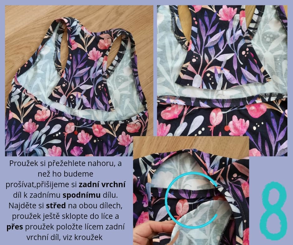 Proužek si přežehlete nahoru, a než ho budeme prošívat, přišijeme si zadní vrchní díl k zadnímu spodnímu dílu. Najděte si střed na obou dílech, proužek ještě sklopte do líce a přes proužek položte lícem zadní vrchní díl, viz kroužek