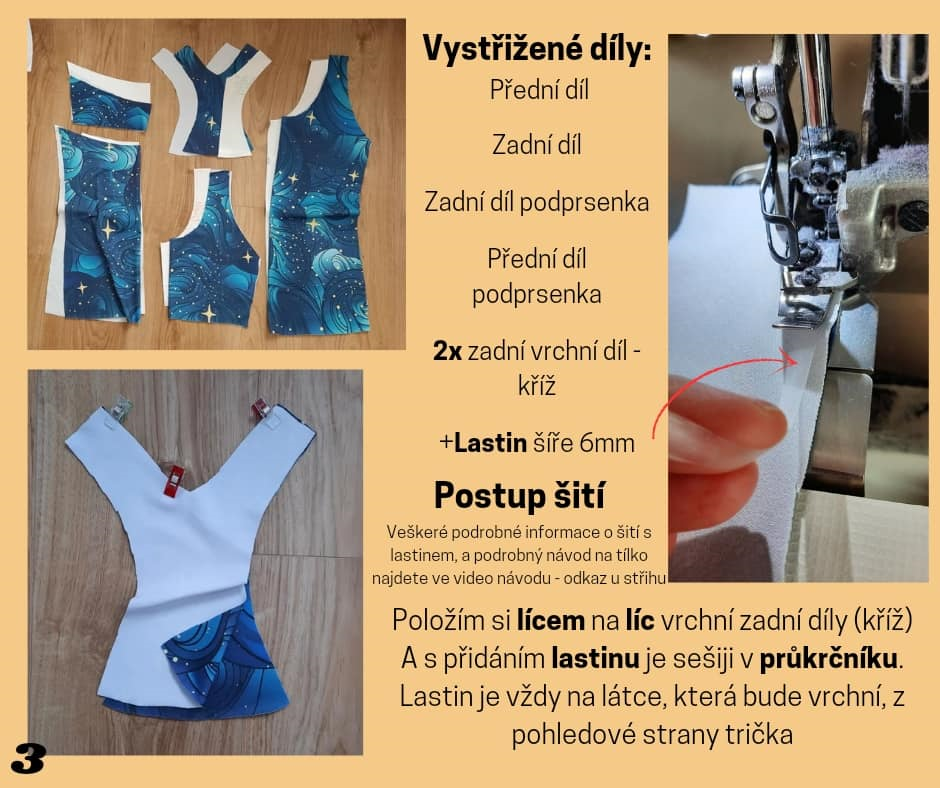 Postup šití: Položím si lícem na líc vrchní zadní díly (kříž). A s přidáním lastinu je sešiji v průkrčníku. Lastin je vždy na látce, která bude vrchní, z pohledové strany trička
