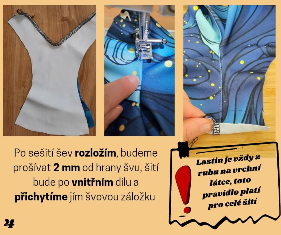 Po sešití šev rozložím, budeme prošívat 2 mm od hrany švu, šití bude po vnitřním dílu a přichytíme jím švovou záložku