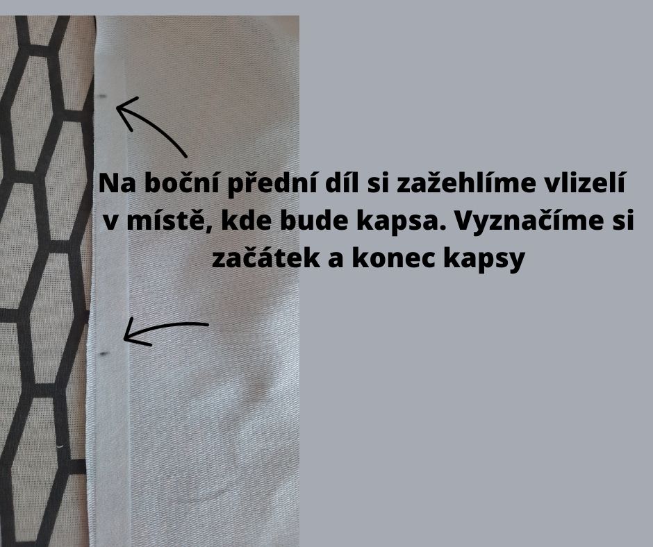Na boční přední díl si zažehlíme vlizelín v místě, kde bude kapsa. Vyznačíme si začátek a konec kapsy