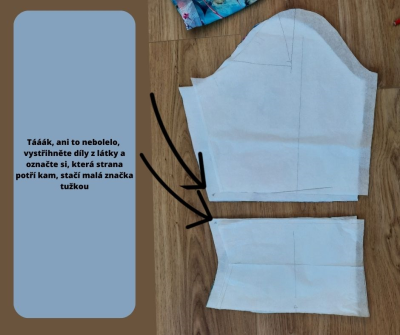 vystřihněte díly z látky a označte si, která strana patří kam, stačí malá značka tužkou.