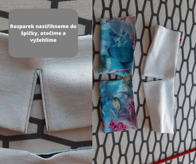 Rozparek nastřihneme do špičky, otočíme a vyžehlíme