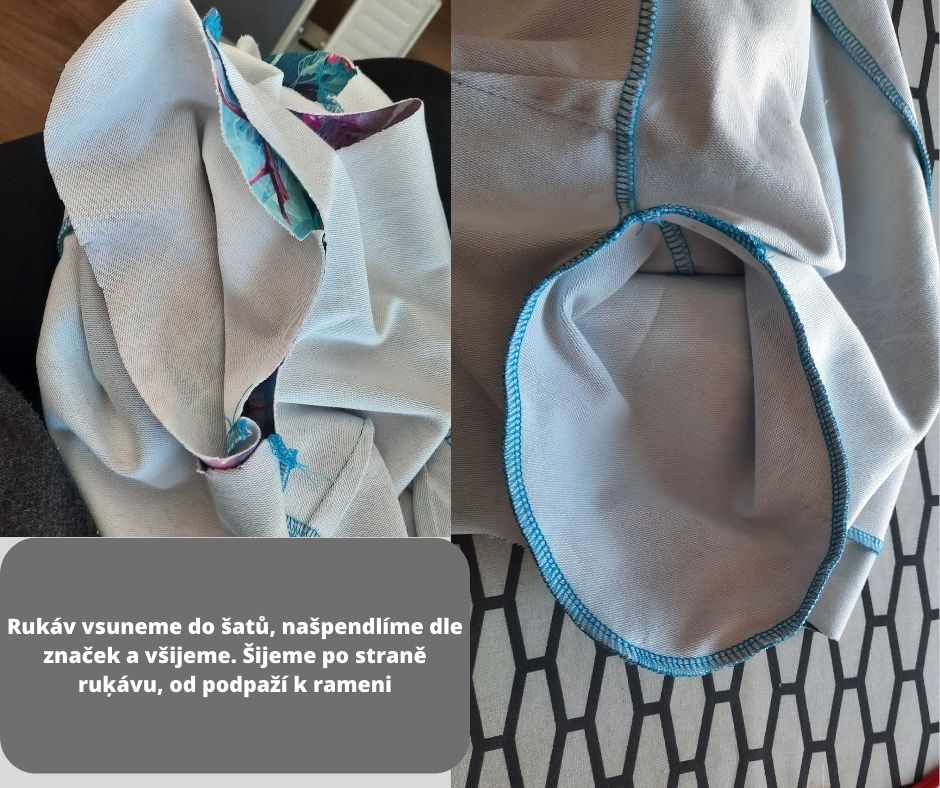 Rukáv vsuneme do šatů, našpendlíme dle značek a všijeme. Šijeme po straně ruķávu, od podpaží k rameni.