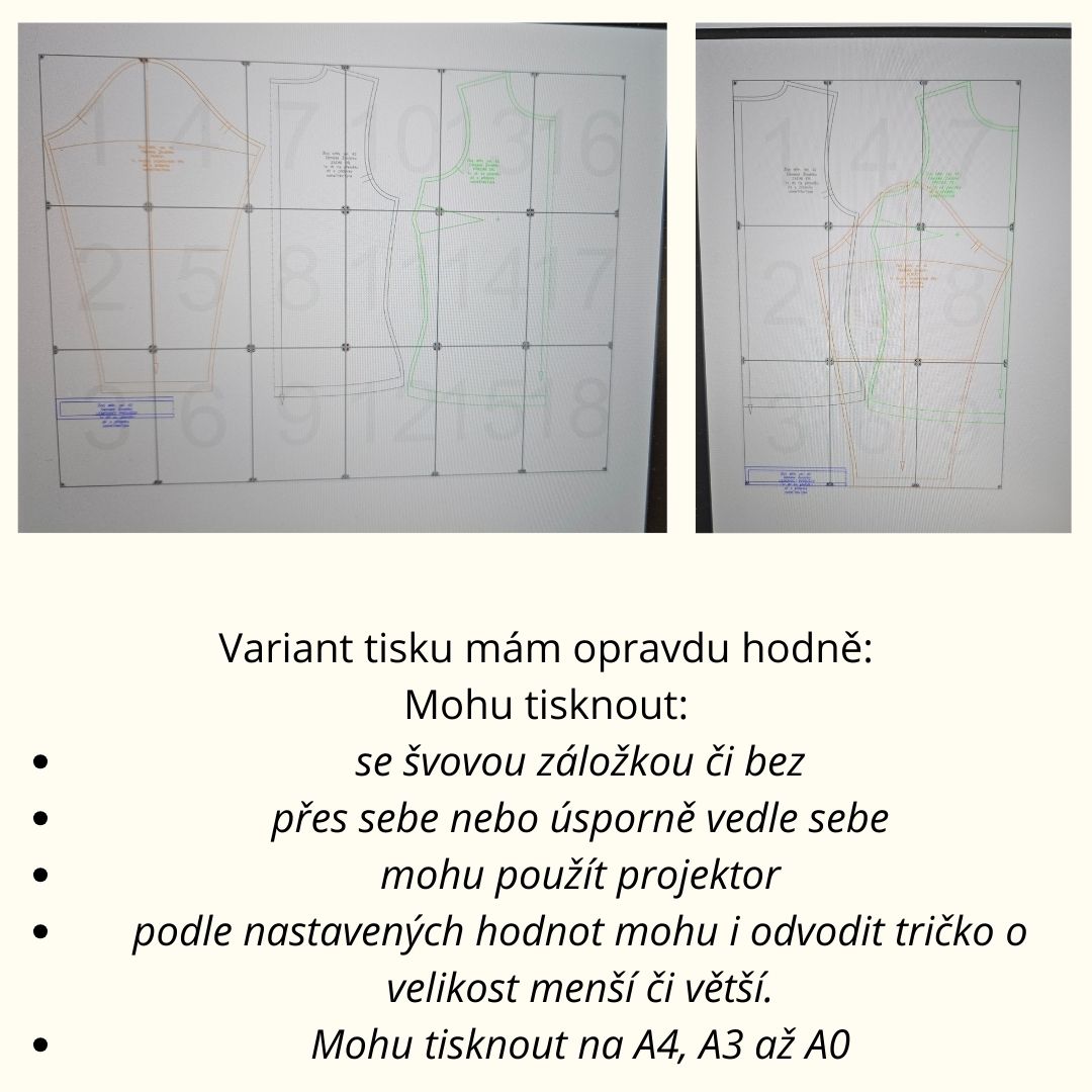 Variant tisku mám opravdu hodně: Mohu tisknout: se švovou záložkou či bez přes sebe nebo úsporně vedle sebe mohu použít projektor podle nastavených hodnot mohu i odvodit tričko o velikost menší či větší. Mohu tisknout na A4, A3 až A0