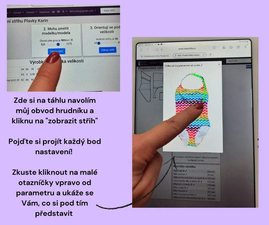 Zde si na táhlu navolím můj obvod hrudníku a kliknu na "zobrazit střih" Pojďte si projít každý bod nastavení! Zkuste kliknout na malé otazníčky vpravo od parametru a ukáže se Vám, co si pod tím představit